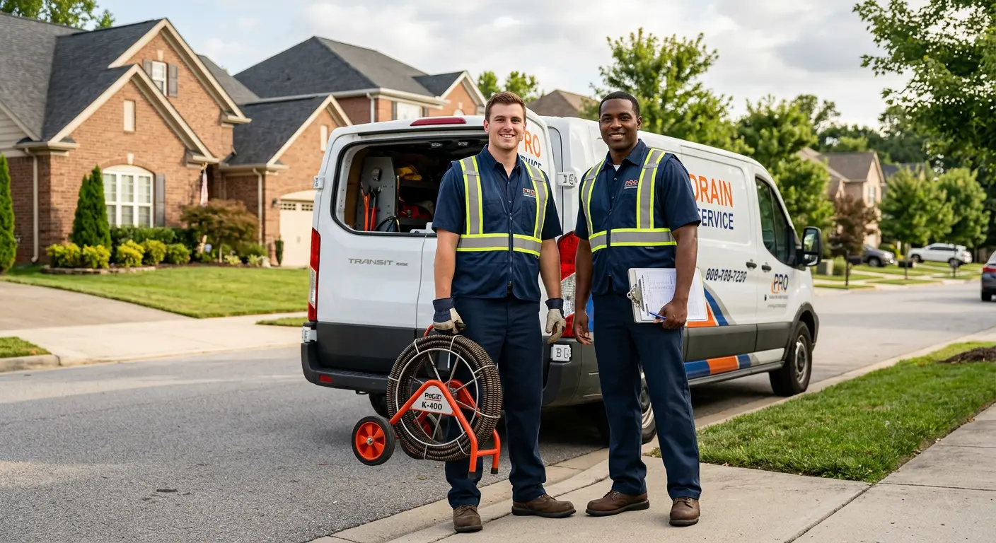 Sewer and drain service team with equipment ready for work in Pontiac