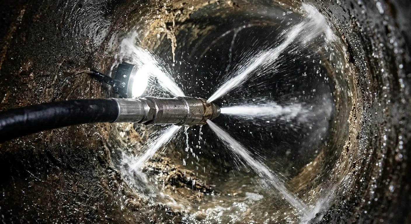 High-pressure hydro jetting nozzle cleaning sewer pipe for Emergency Drain Service in Pontiac