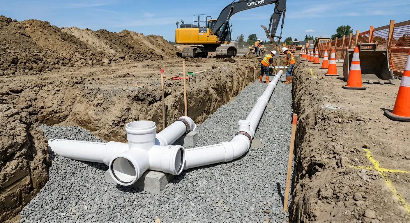 New PVC sewer pipe installation in open trench for Commercial Drain Cleaning in Pontiac