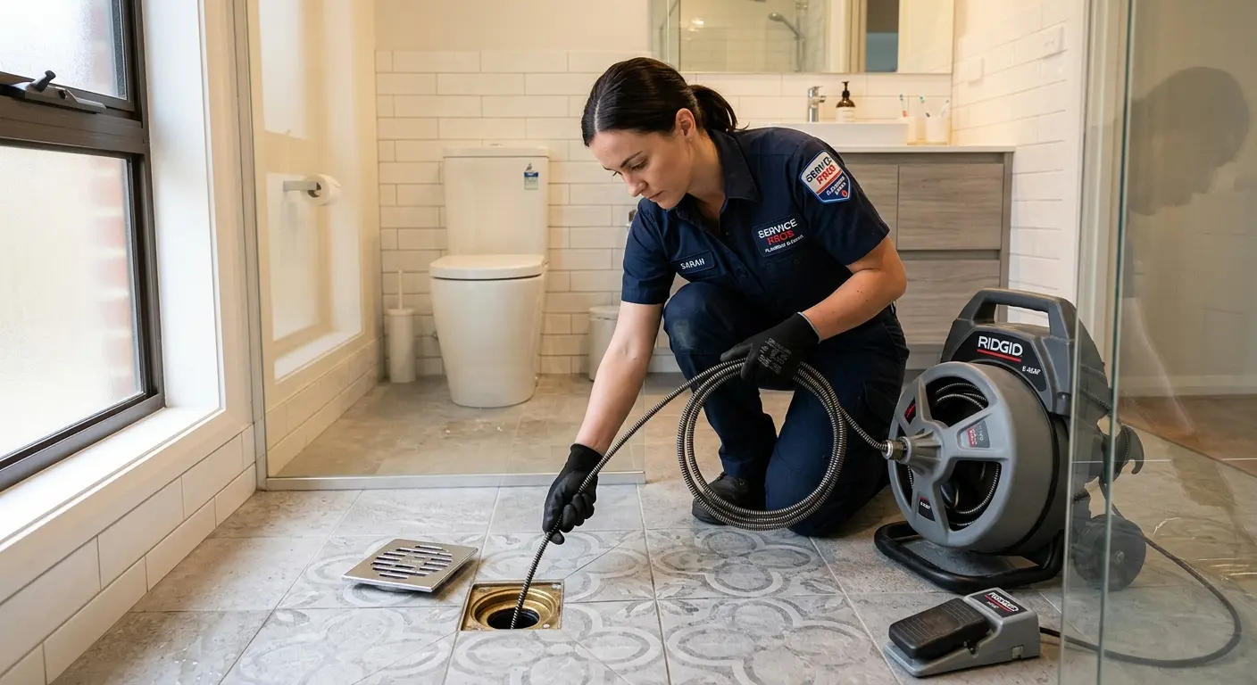 Technician clearing a bathroom floor drain for Drain Cleaning in Pontiac